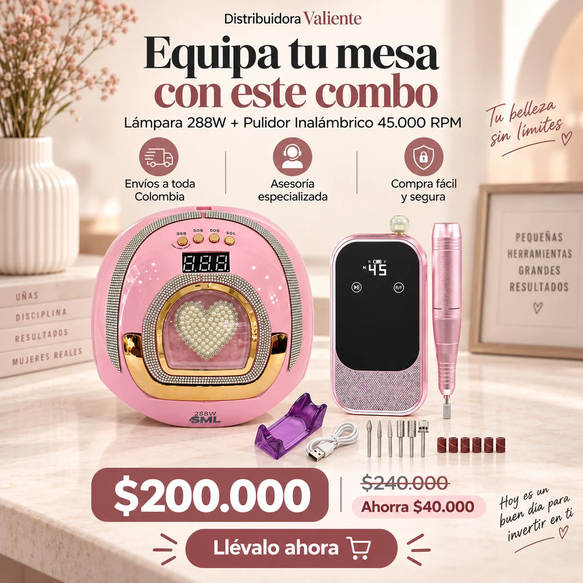 Combo Lámpara LED/UV 288W + Pulidor Inalámbrico 45.000 RPM